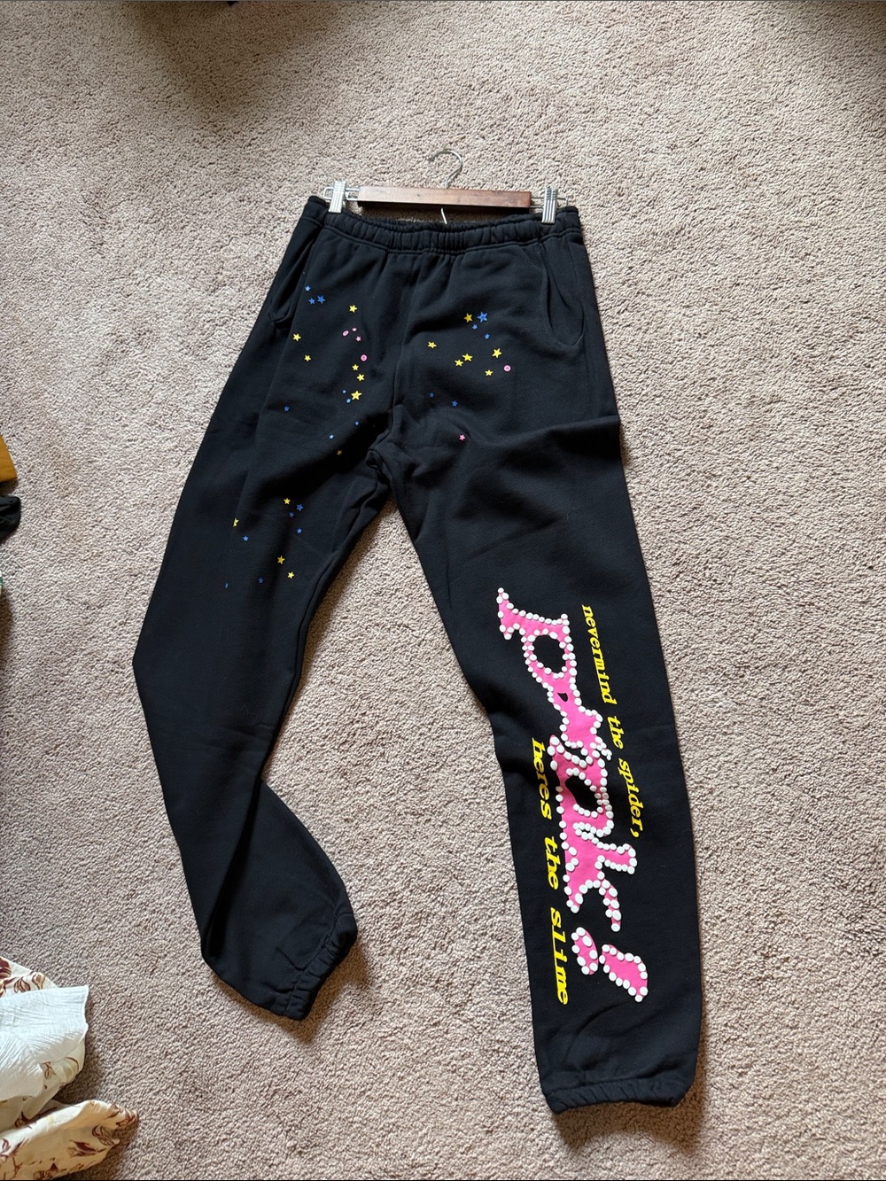 Black 'Royale' Graphic Joggers with Pink and Yellow Accents